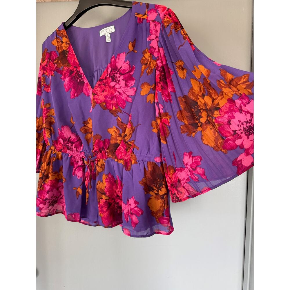Sofia Jeans Purple Pink Floral V-Neck Top Flared Sleeves Drawstring XL Lined